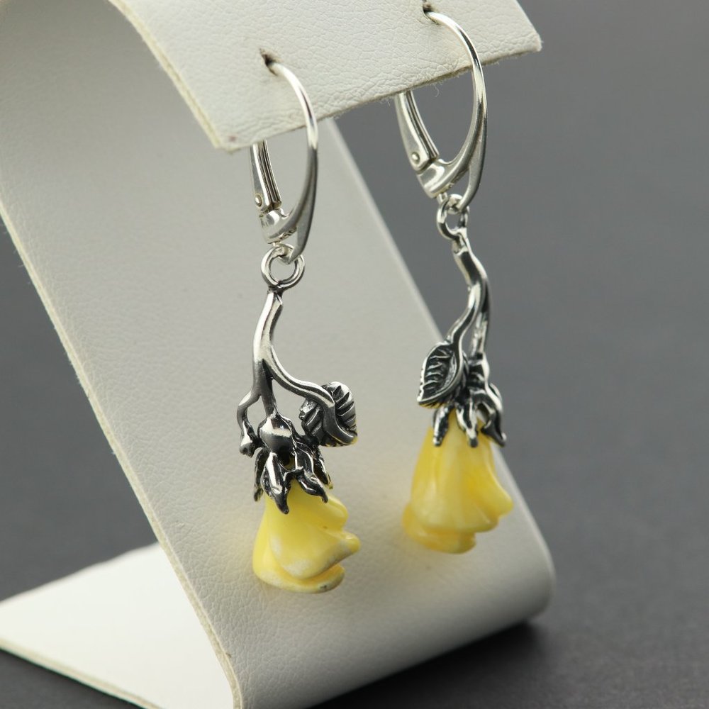 Sterling silver earrings with natural Baltic amber, amber rose drop earrings - Picture 12 of 14